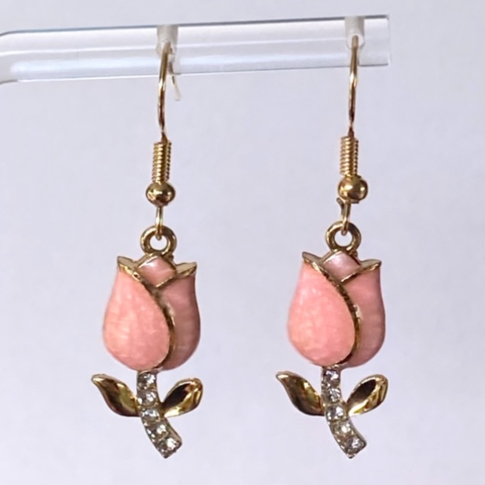 Swirly Pink Enamel Tulip Flower Diamond Gold Toned Earrings